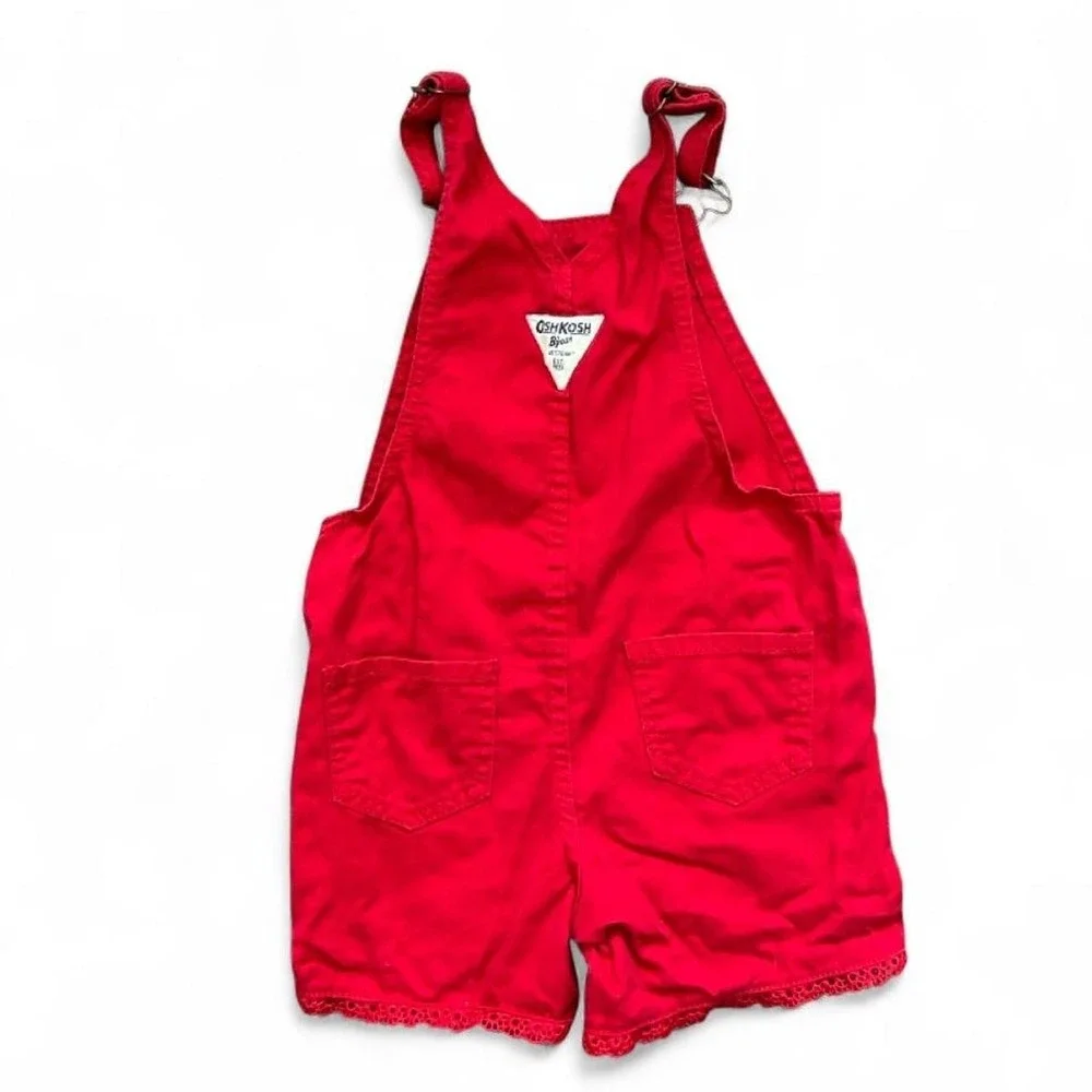 Oshkosh B'Gosh Girls Red Short Overalls w/ Eyelet Lace Trim Size 4T